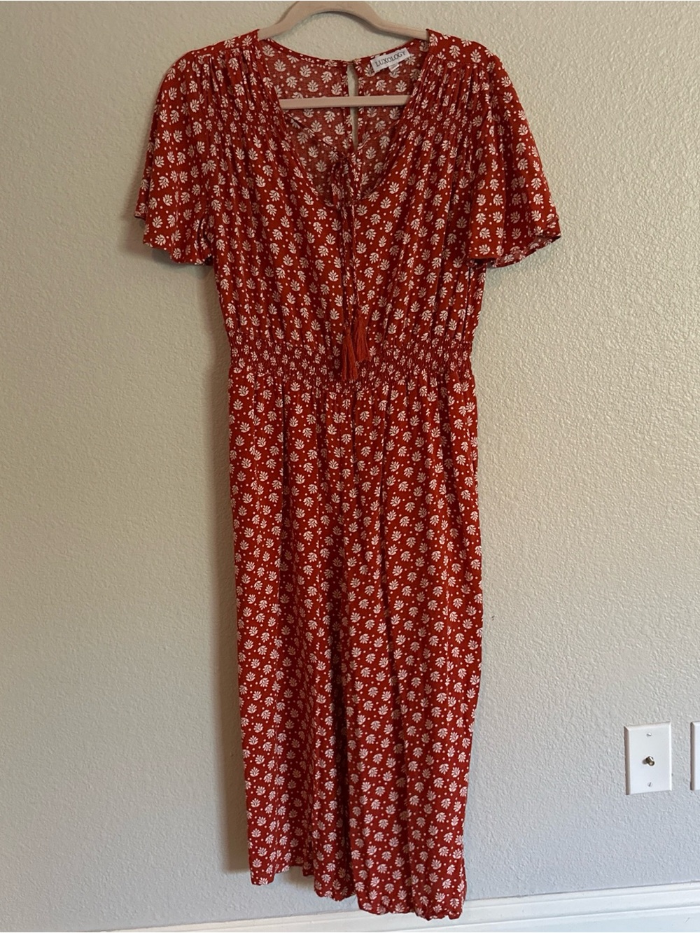 Floral Red Midi Dress with Tassel Tie